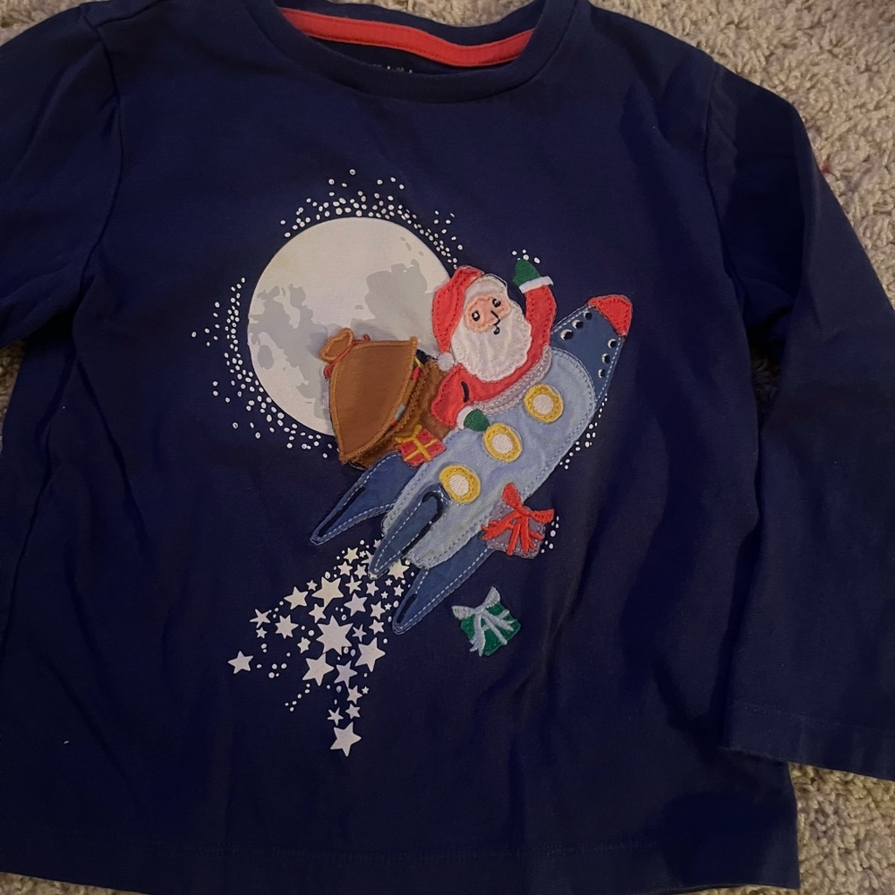 Mini Boden Kids Blue Santa Rocket Shirt